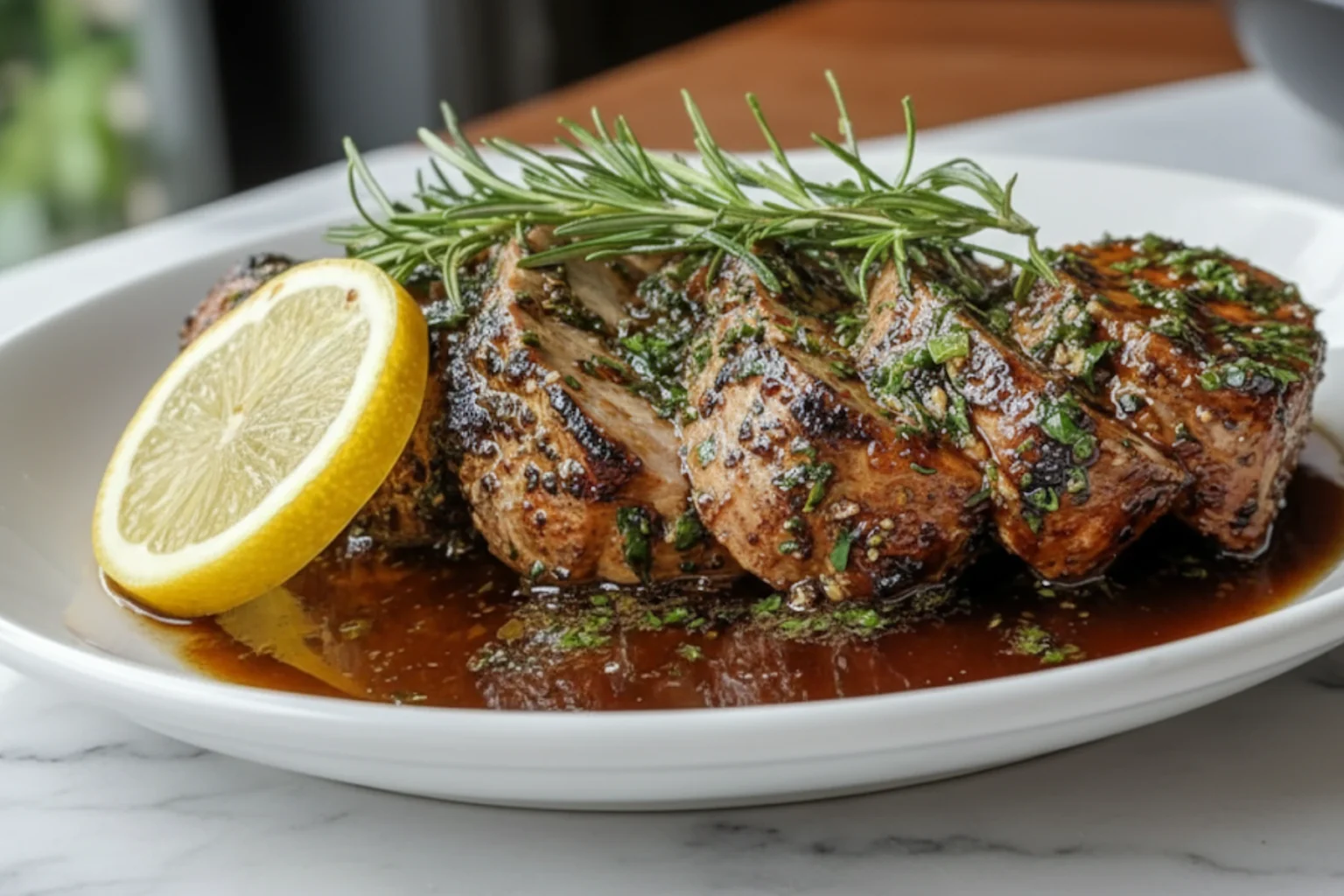 Garlic Herb Roasted Pork Tenderloin with Lemon and Rosemary Garnish