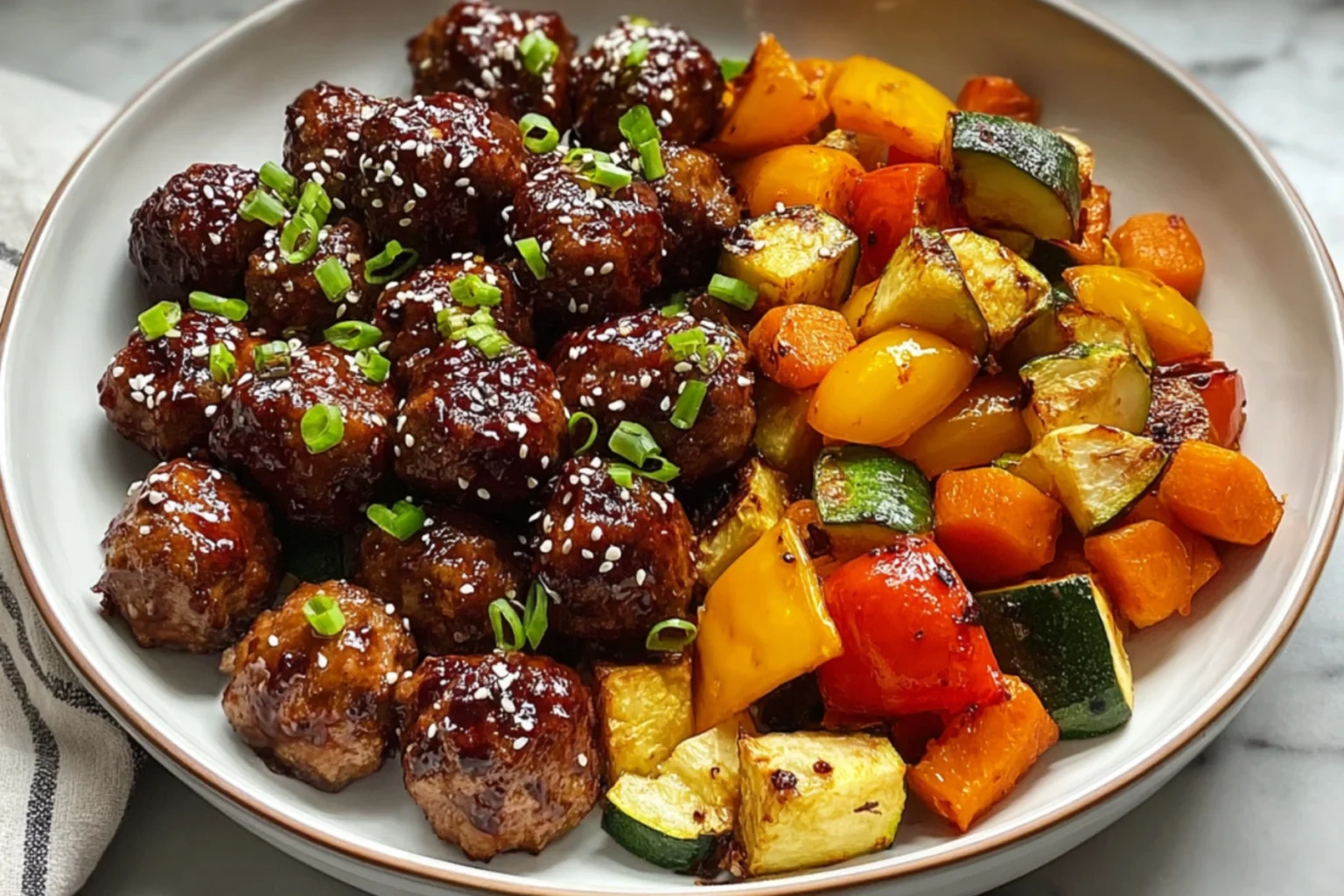 BBQ meatballs with roasted vegetables including zucchini, carrots, and bell peppers in a bowl.