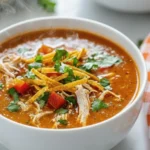 Bowl of Roasted Pepper and Chicken Tortilla Soup topped with crispy tortilla strips, cilantro, and diced red peppers.