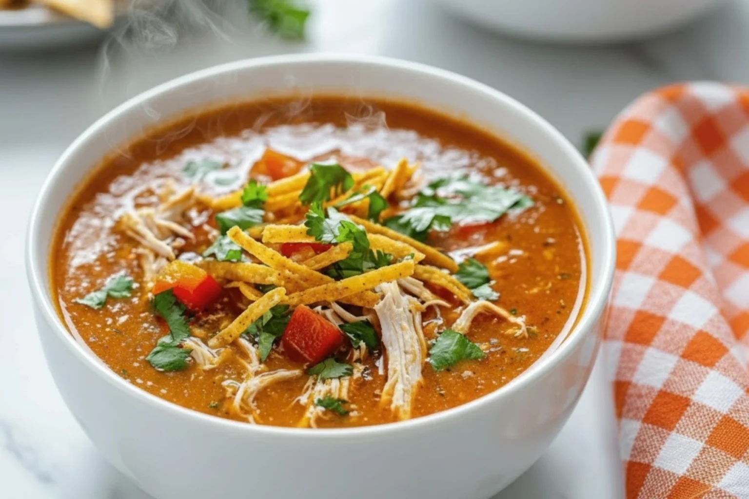Bowl of Roasted Pepper and Chicken Tortilla Soup topped with crispy tortilla strips, cilantro, and diced red peppers.