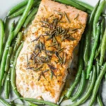 Maple Glazed Salmon with Green Beans and Rosemary Garnish