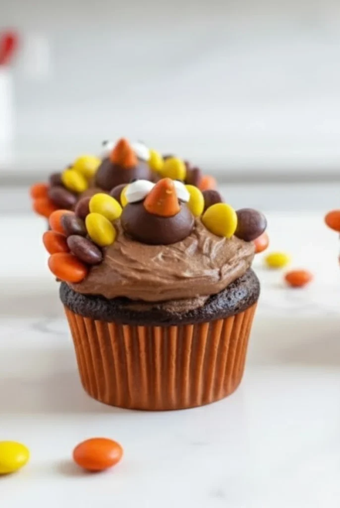 Thanksgiving Turkey Cupcakes with Candy Corn, Chocolate Candies, and Frosting