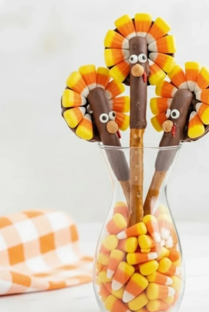 Thanksgiving Turkey Pretzel Rods Decorated with Candy Corn and Chocolate