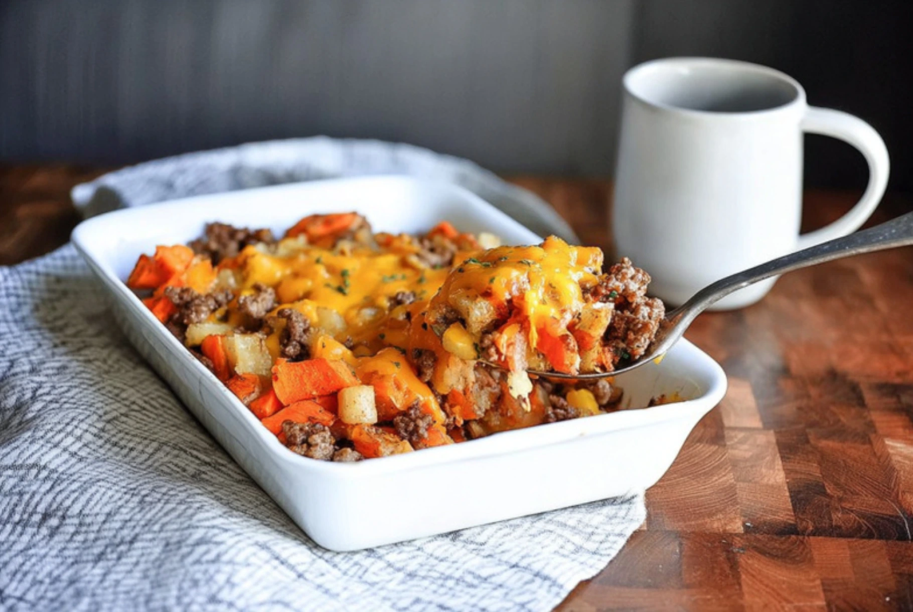 Sausage, Apple & Sweet Potato Bake with melted cheddar cheese, served on a marble countertop