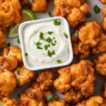 Crispy Air Fryer Buffalo Cauliflower with creamy dip and cilantro garnish.