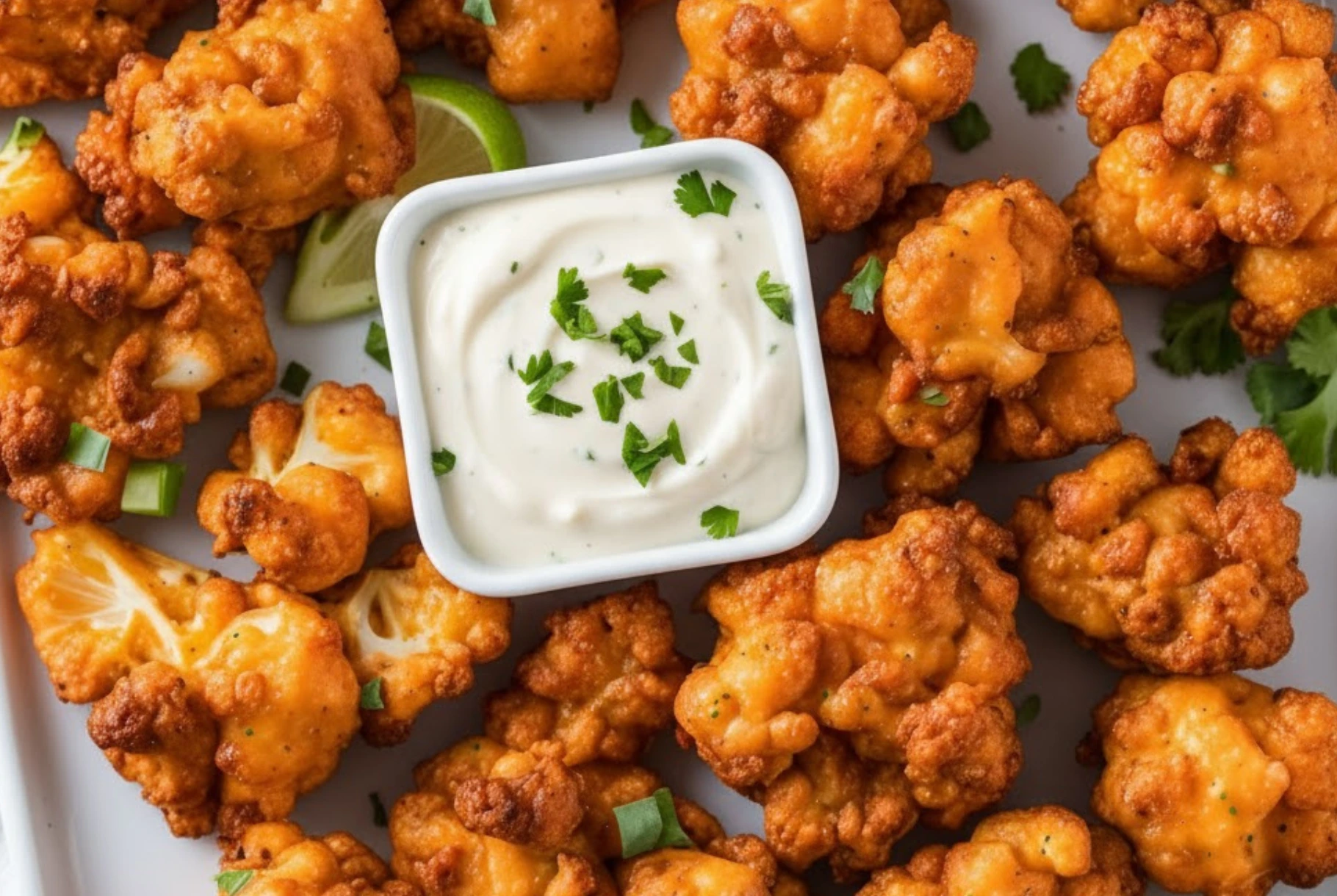 Crispy Air Fryer Buffalo Cauliflower with creamy dip and cilantro garnish.