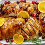 Cranberry Orange Glazed Turkey breast sliced and served with rosemary, cranberries, and orange slices on a white platter for a festive holiday dinner.