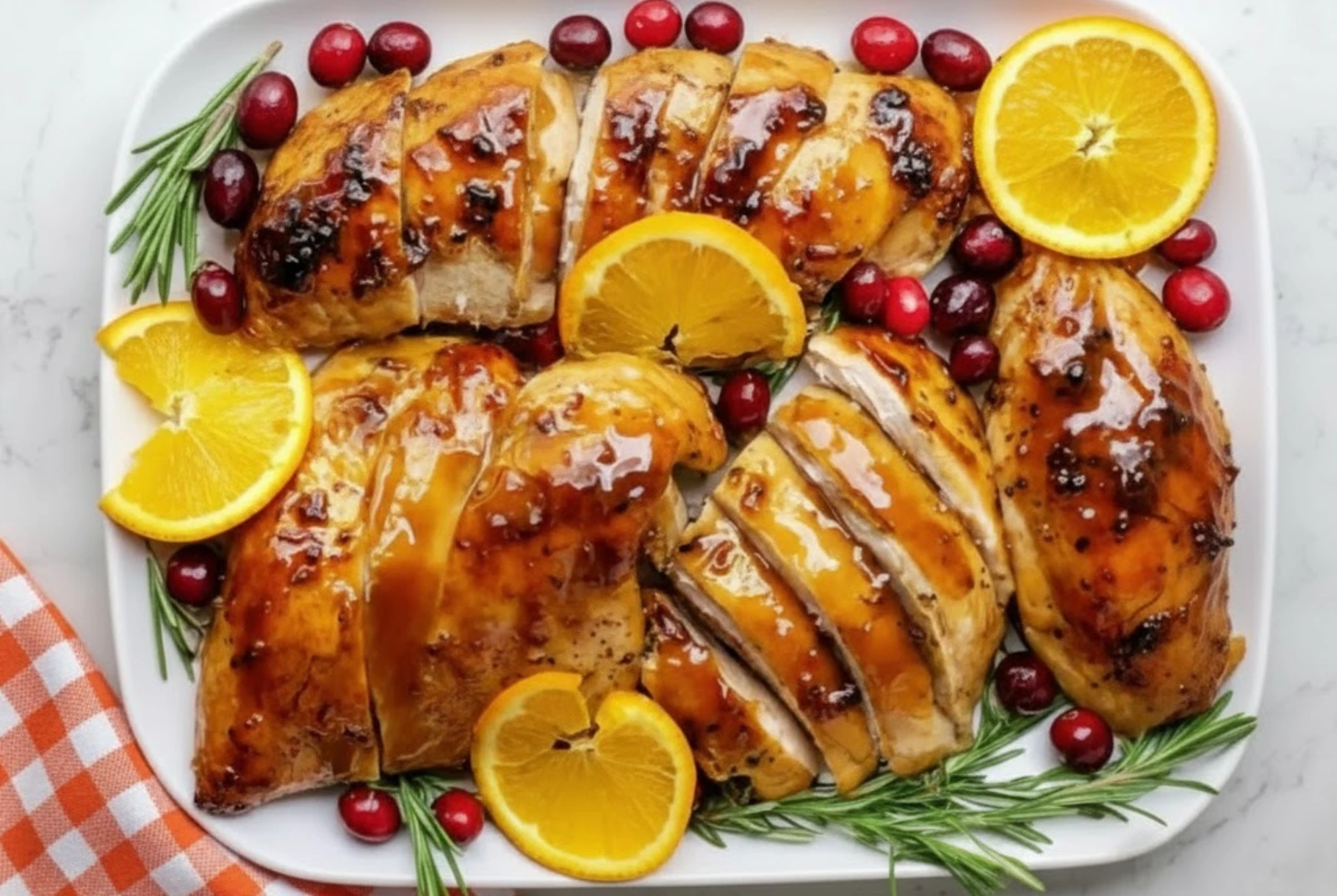Cranberry Orange Glazed Turkey breast sliced and served with rosemary, cranberries, and orange slices on a white platter for a festive holiday dinner.