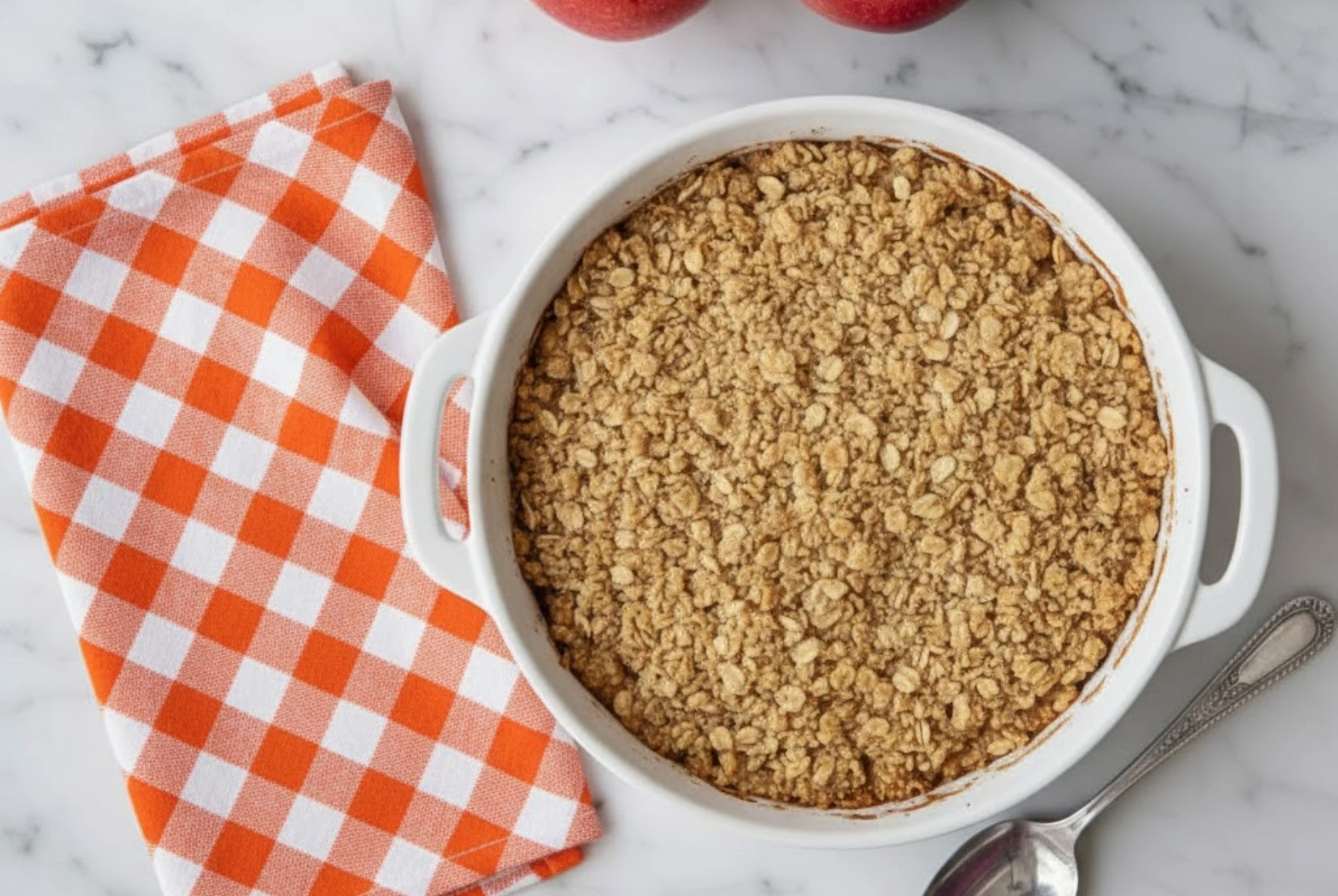 Old fashioned easy apple crisp baked in a white dish with golden oat topping beside an orange checkered napkin on a marble counter