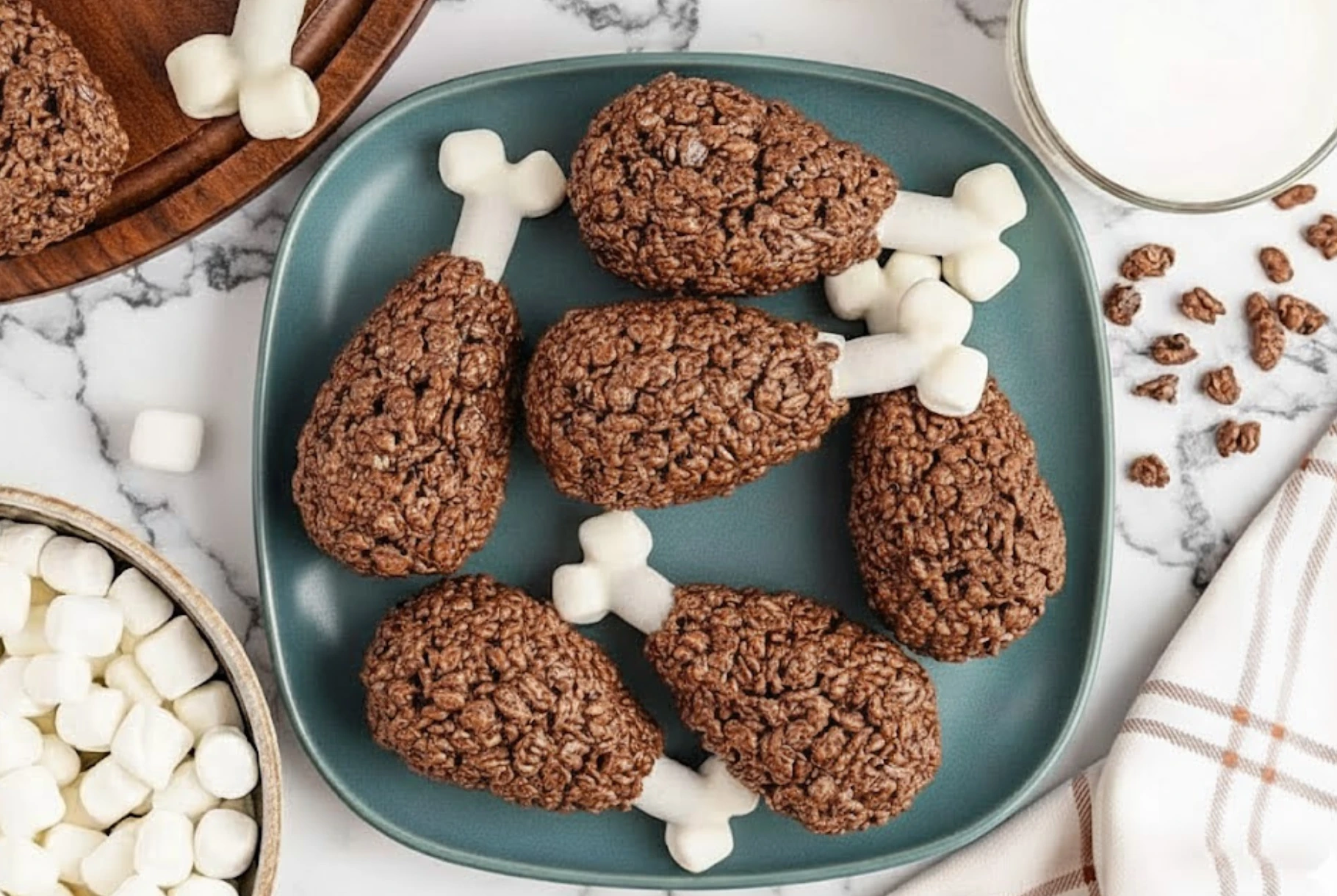 Plate of Rice Krispie Turkey Legs made with Cocoa Krispies, pretzel rods, and marshmallows shaped like drumsticks, perfect for Thanksgiving dessert.