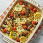 Baked Greek chicken feta casserole topped with lemon slices, cherry tomatoes, olives, and fresh herbs in a white dish on a marble countertop.