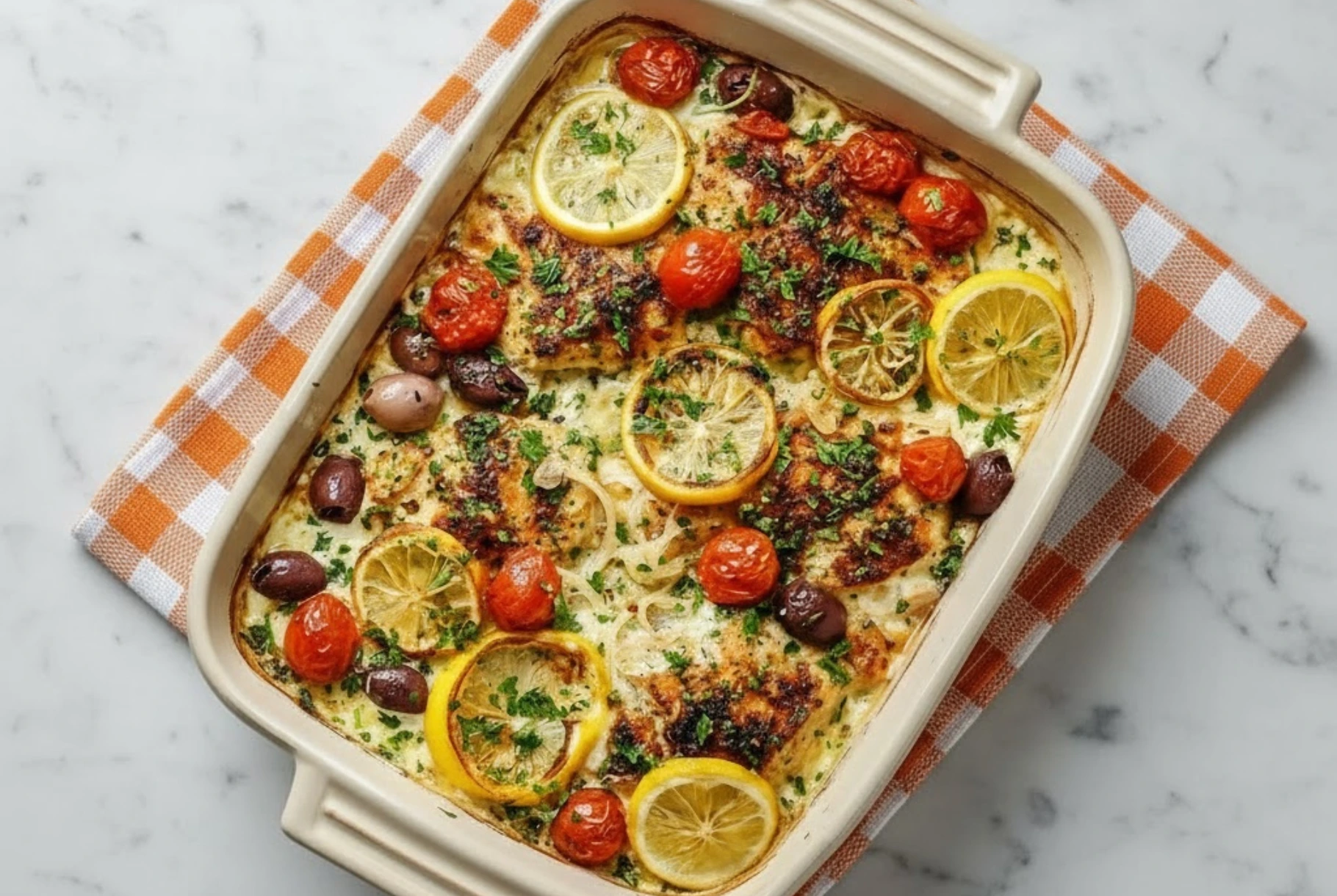 Baked Greek chicken feta casserole topped with lemon slices, cherry tomatoes, olives, and fresh herbs in a white dish on a marble countertop.