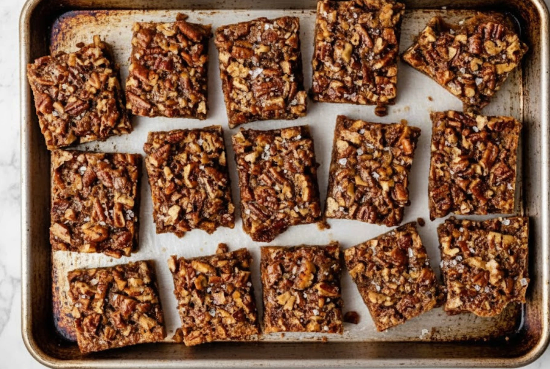Freshly baked brown butter pecan pie bars cut into squares on a baking sheet, showing golden crust and toasted pecans.