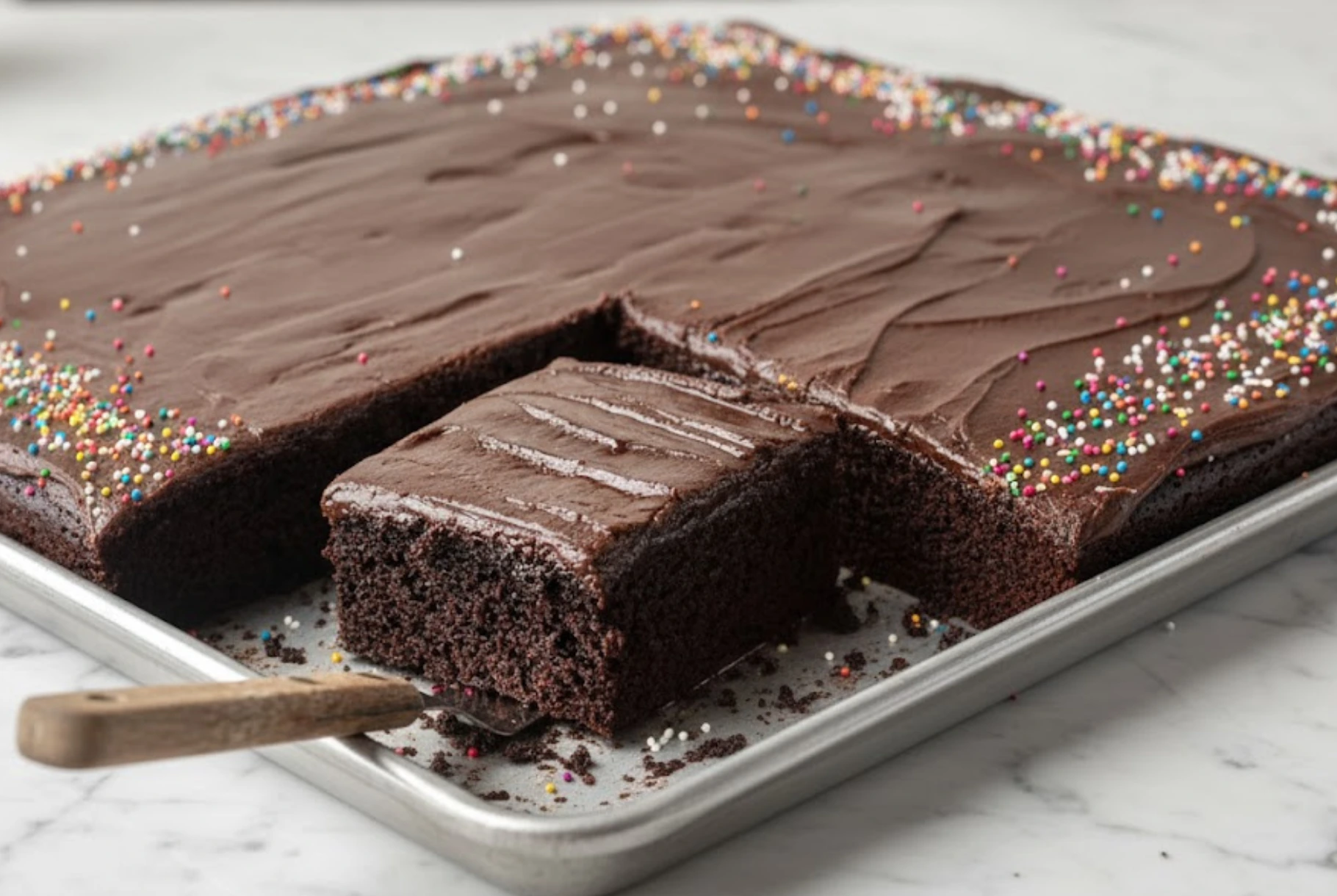 Chocolate Sheet Cake with rich chocolate frosting and colorful sprinkles on a baking pan, one slice cut and ready to serve