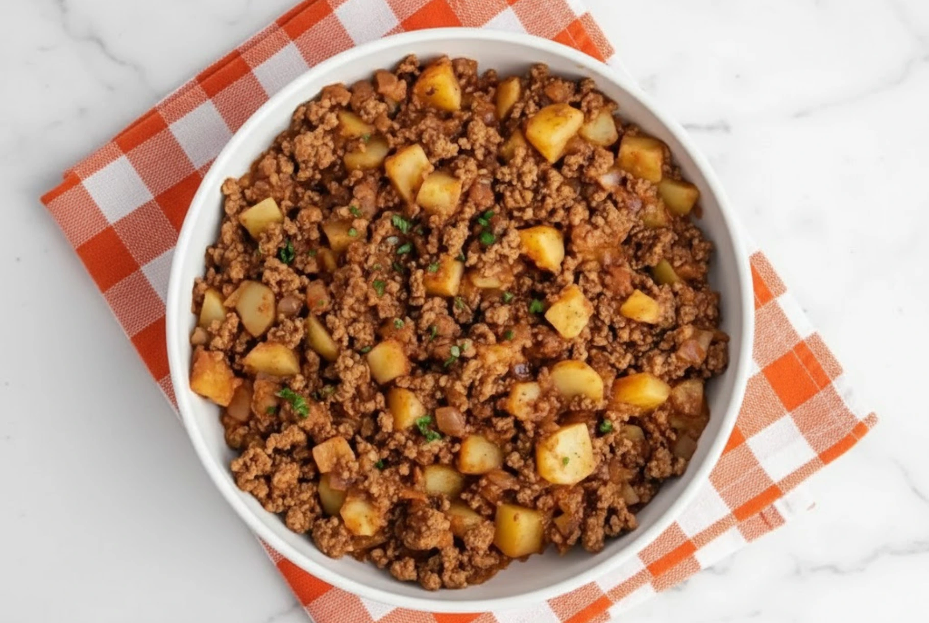 Ground turkey with potatoes in a white bowl on an orange checkered napkin, an easy skillet dinner perfect for busy weeknights.