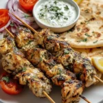 Grilled Greek Chicken Souvlaki skewers with pita bread, tzatziki sauce, lemon wedges, red onions, and cherry tomatoes on a white plate