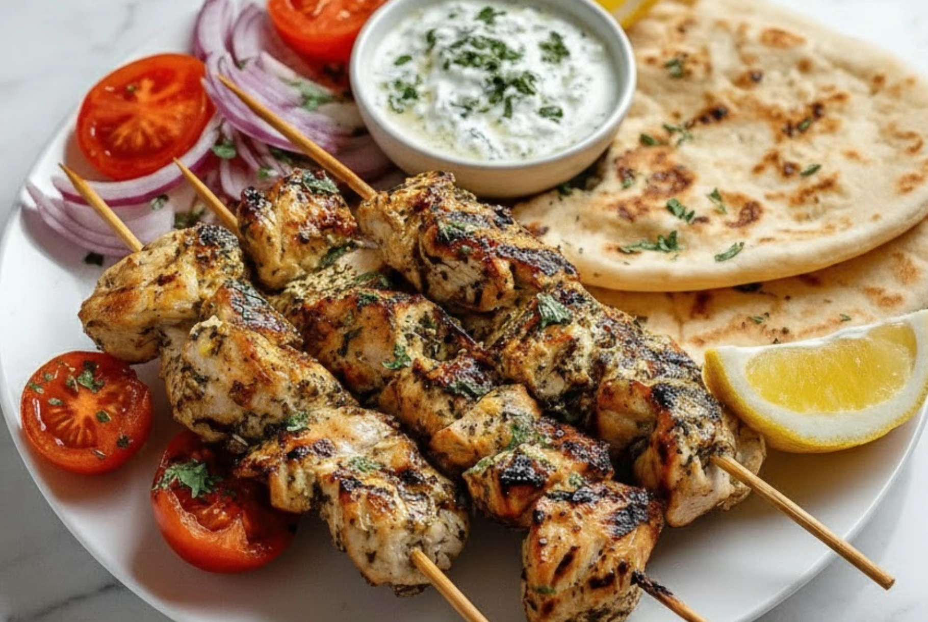 Grilled Greek Chicken Souvlaki skewers with pita bread, tzatziki sauce, lemon wedges, red onions, and cherry tomatoes on a white plate
