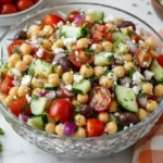 Mediterranean Chickpea Salad with Cherry Tomatoes, Cucumbers, Feta, and Olives