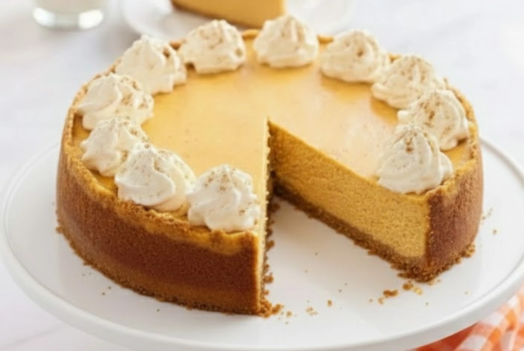 Pumpkin Cheesecake Swirl with creamy whipped topping and graham cracker crust on a white cake stand