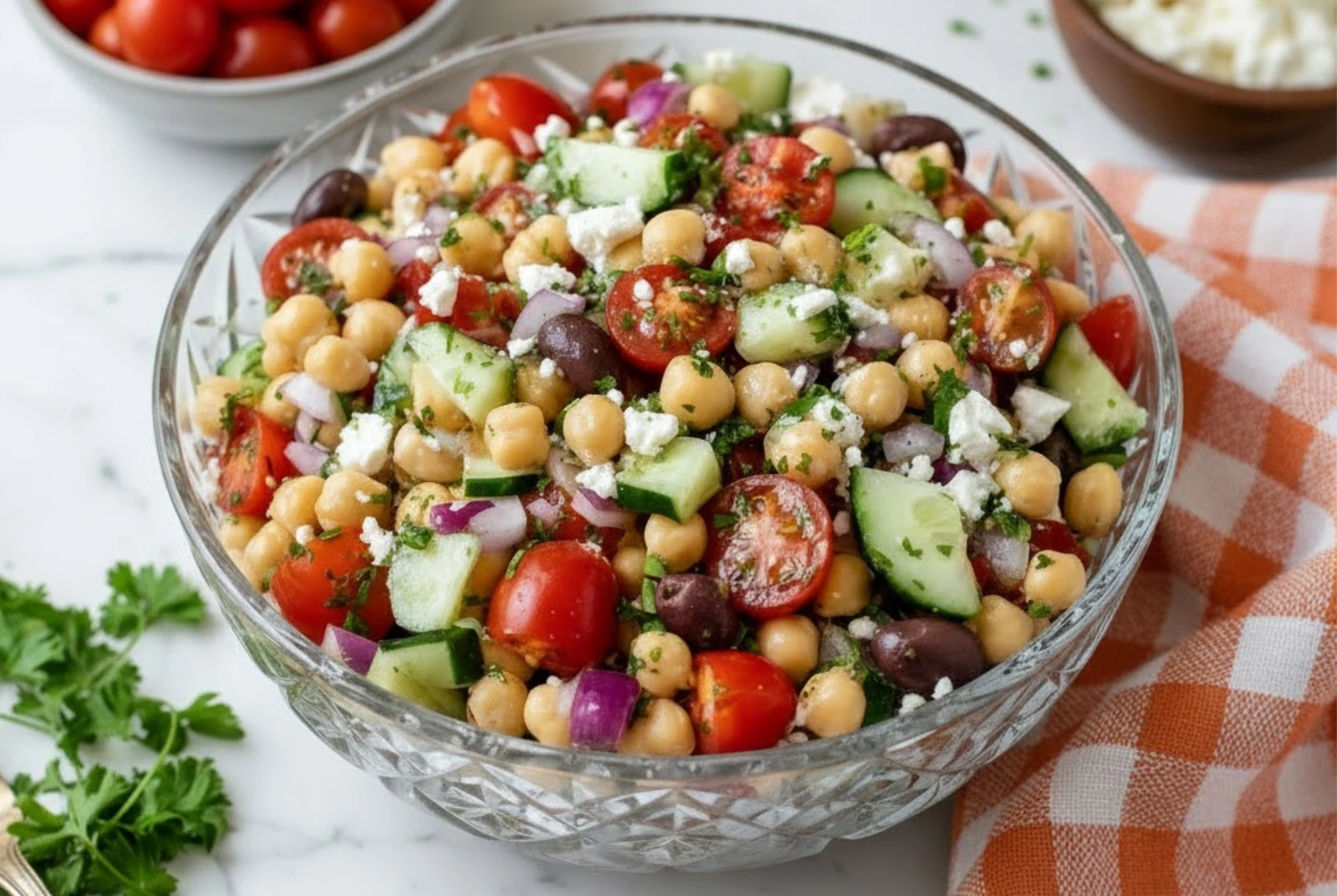 Mediterranean Chickpea Salad with Cherry Tomatoes, Cucumbers, Feta, and Olives
