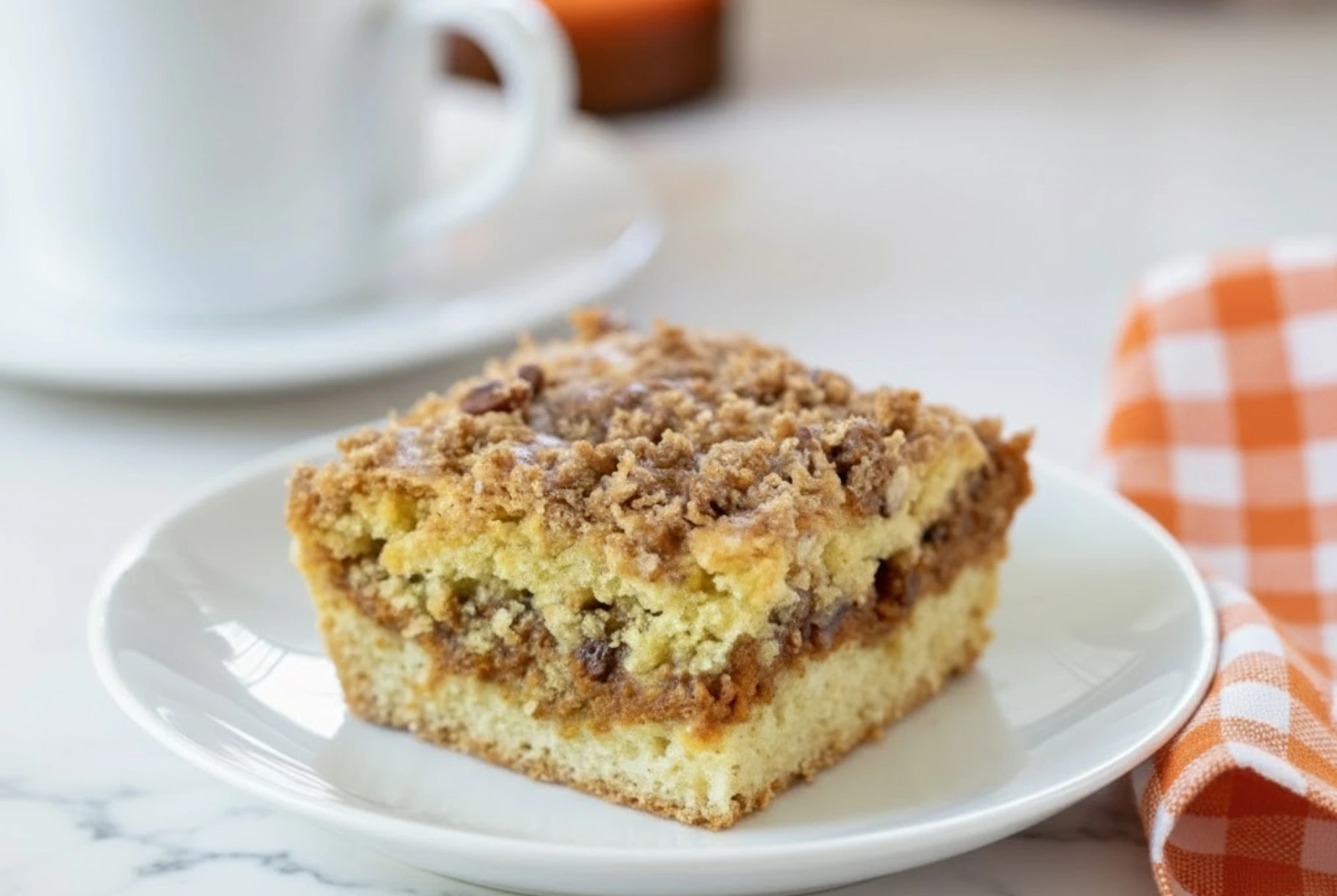 Slice of moist Pumpkin Spice Coffee Cake topped with pecan streusel on a white plate beside a cup of coffee, perfect for a cozy fall breakfast.