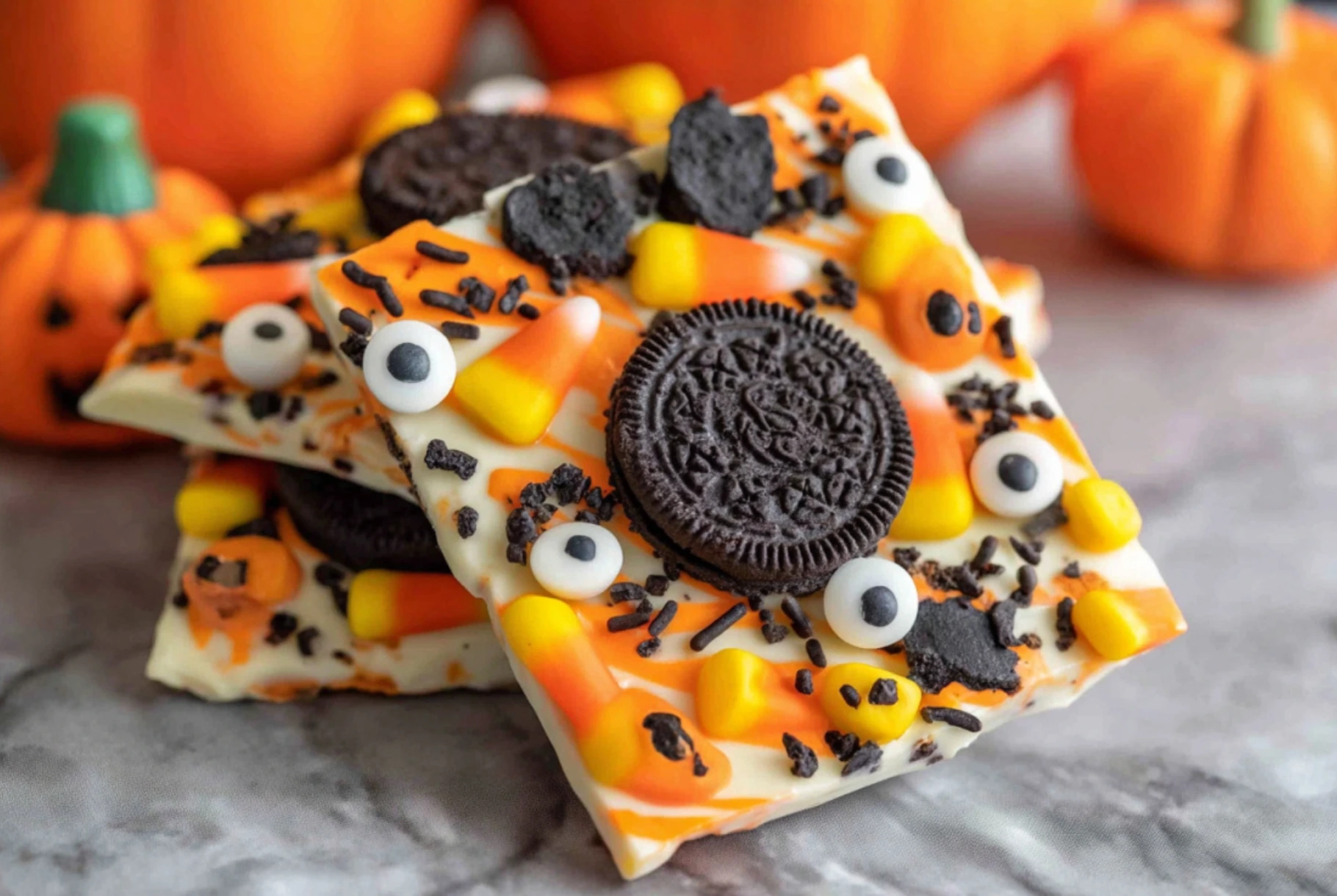 Spooky Halloween Oreo Bark with Candy Corn, Oreo Cookies, and Edible Eyeballs