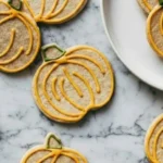 Pumpkin-shaped cinnamon sugar cookies with orange icing outlines scattered on a marble surface beside a white plate, perfect for fall baking.