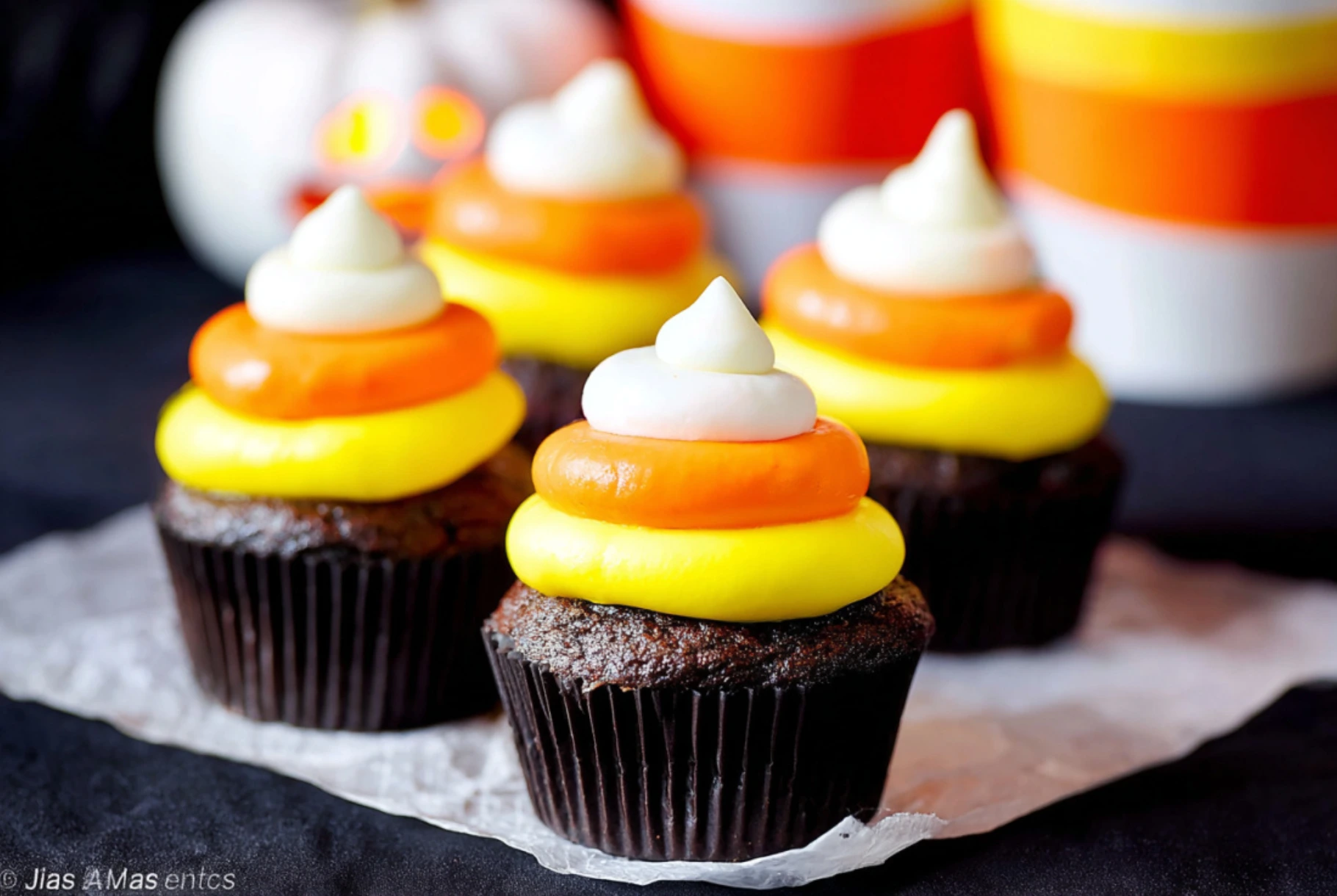 Candy Corn Cupcakes with vibrant yellow, orange, and white buttercream frosting on a moist chocolate base for a festive Halloween treat.