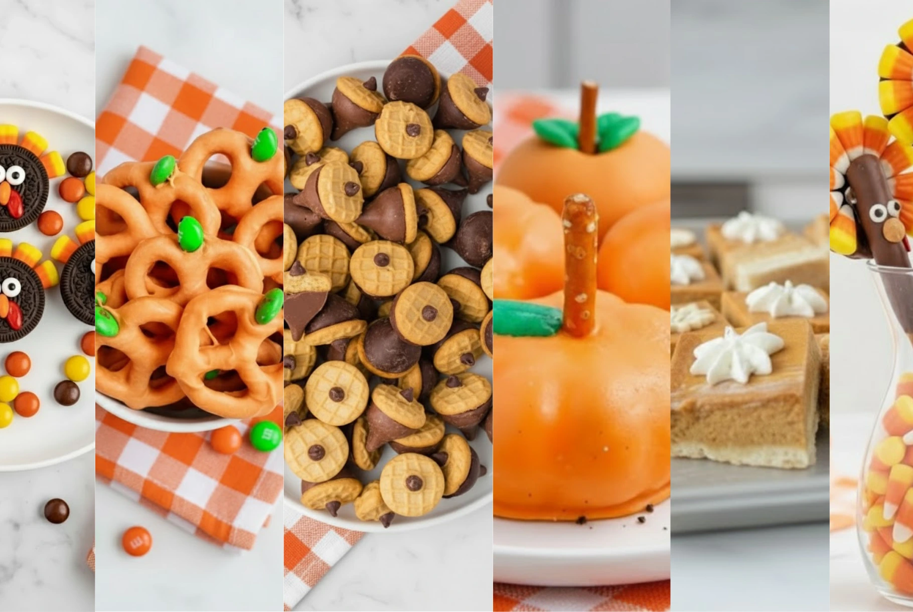 Delicious Thanksgiving Treats and Dessert Ideas Including Turkey Cookies, Pumpkin Pretzels, and Sweet Acorn Cookies