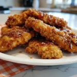 Crispy Air Fryer Hot Honey Chicken Tenders on a white plate, coated in sweet and spicy glaze, served fresh in a modern kitchen setting.