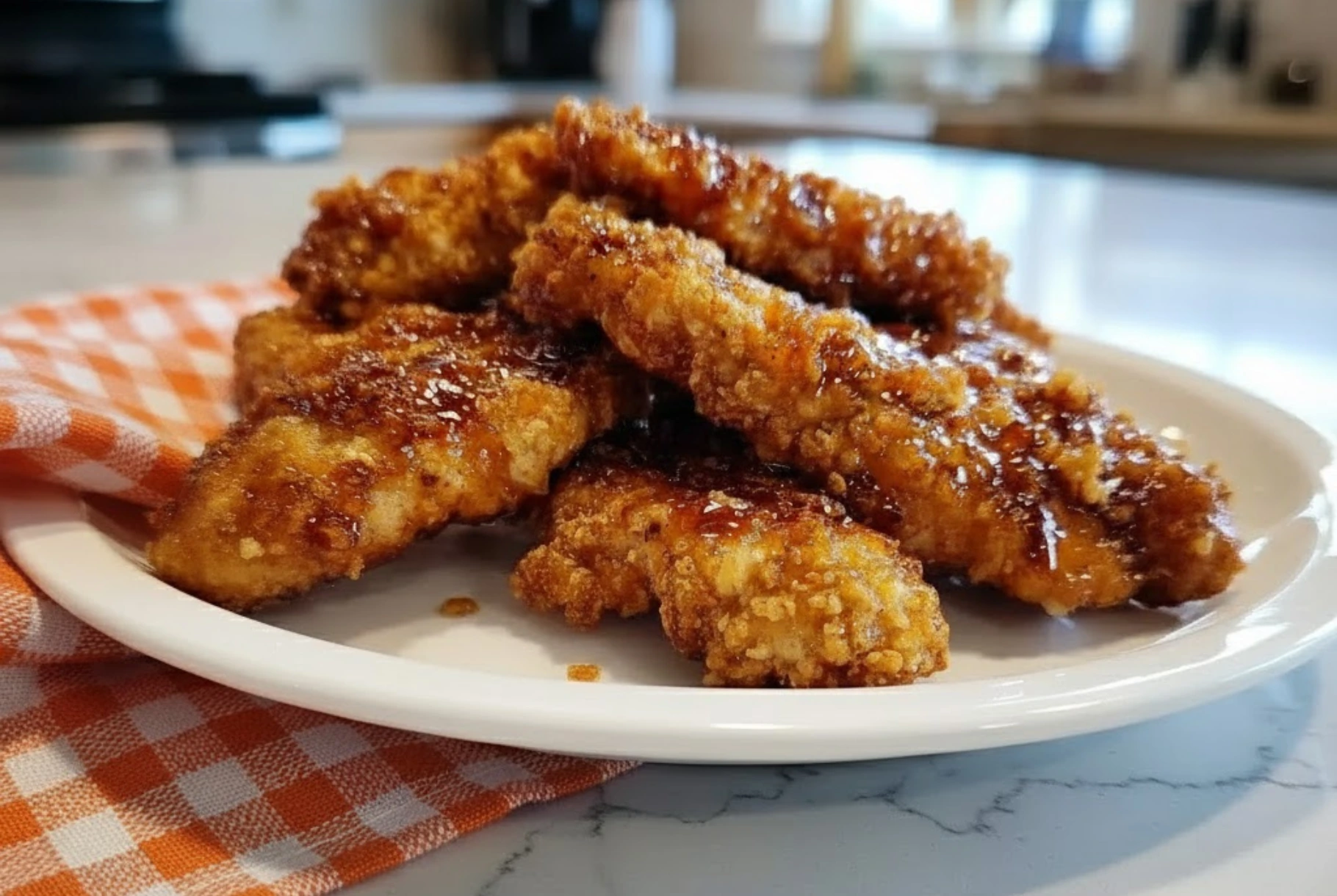 Crispy Air Fryer Hot Honey Chicken Tenders on a white plate, coated in sweet and spicy glaze, served fresh in a modern kitchen setting.
