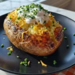 Air fryer baked potato with crispy skin, melted cheese, sour cream, and fresh chives served on a black plate.