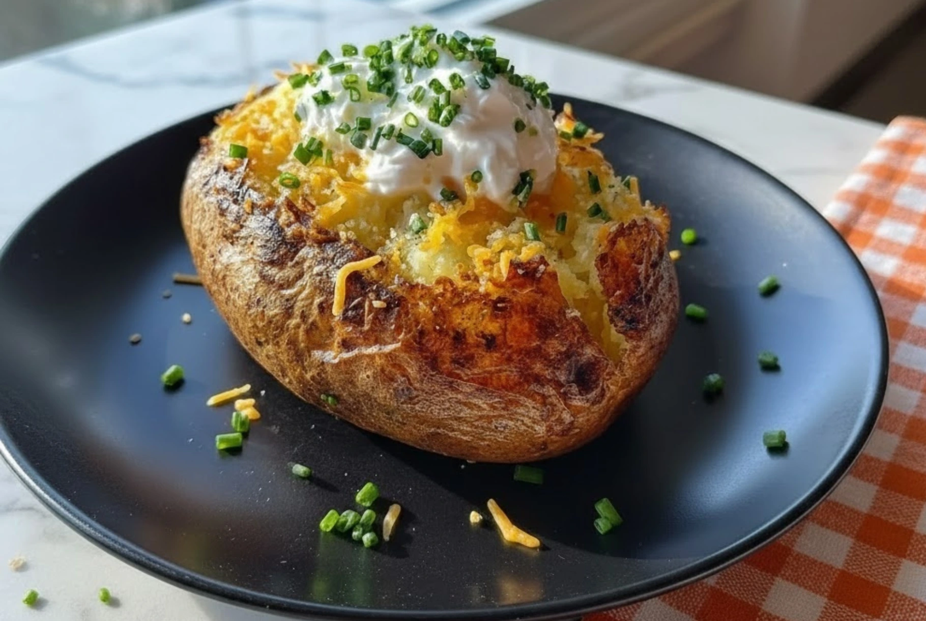 Air fryer baked potato with crispy skin, melted cheese, sour cream, and fresh chives served on a black plate.