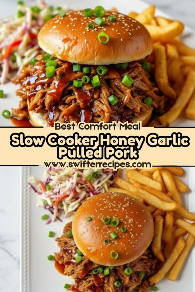 Best comfort meal Slow Cooker Honey Garlic Pulled Pork sandwich with BBQ sauce, crispy fries, and creamy coleslaw on a white plate