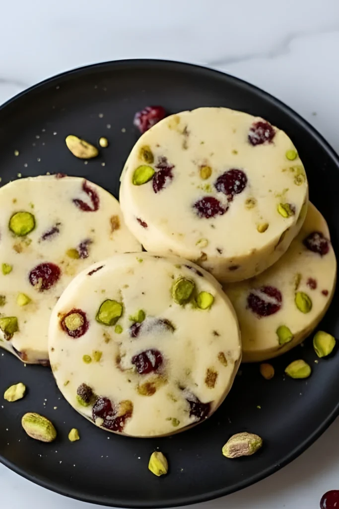 Round cranberry pistachio shortbread cookie slices on a black plate, showing bright pistachios and dried cranberries in buttery dough.