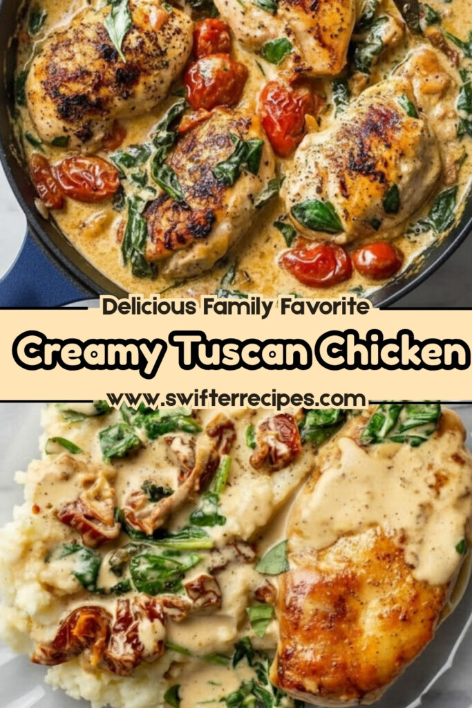 Creamy Tuscan Chicken with spinach, sun-dried tomatoes, and garlic Parmesan sauce, a delicious family favorite meal.