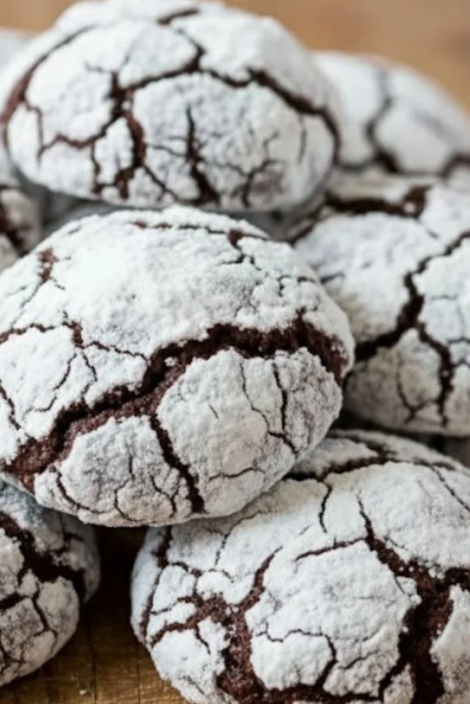 Chewy chocolate crinkle cookies covered in powdered sugar with rich crackled tops