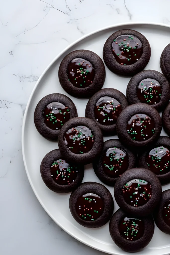 Plate of chocolate thumbprint cookies with glossy centers and holiday sprinkles