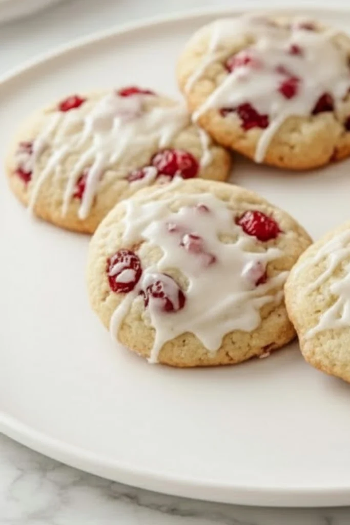 Close up of orange cranberry cookies with white citrus icing on a white plate