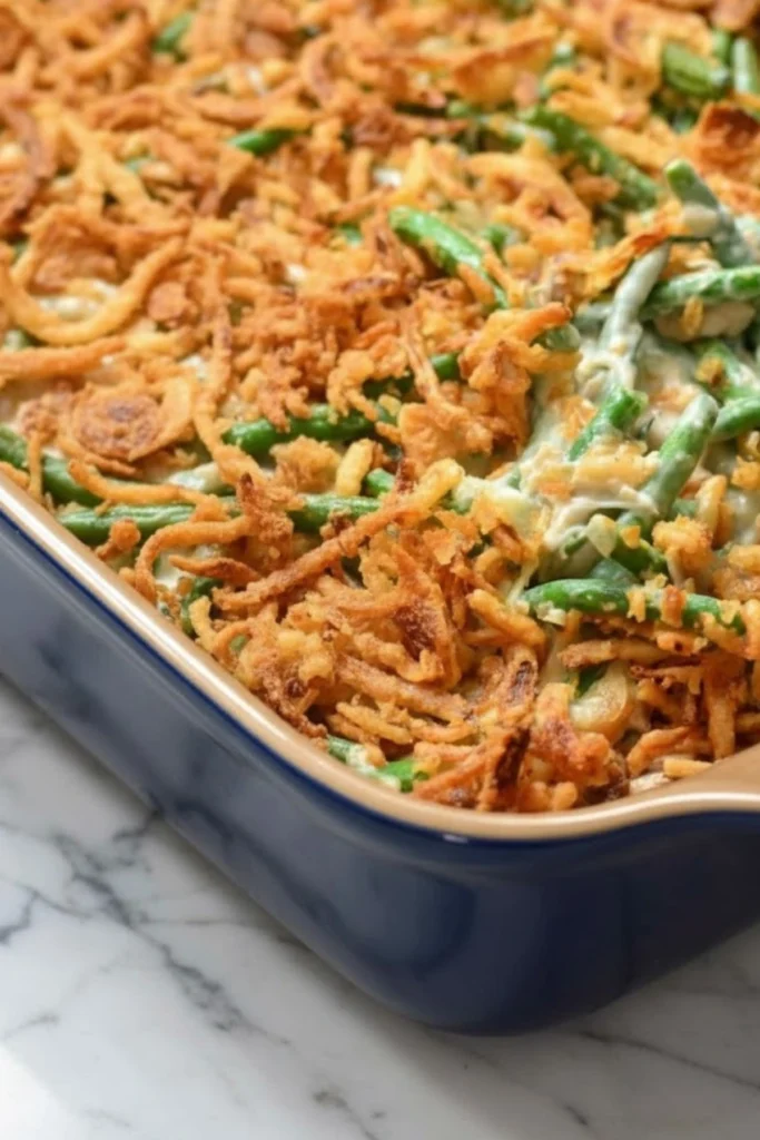 Baked green bean casserole topped with crispy fried onions in a blue casserole dish