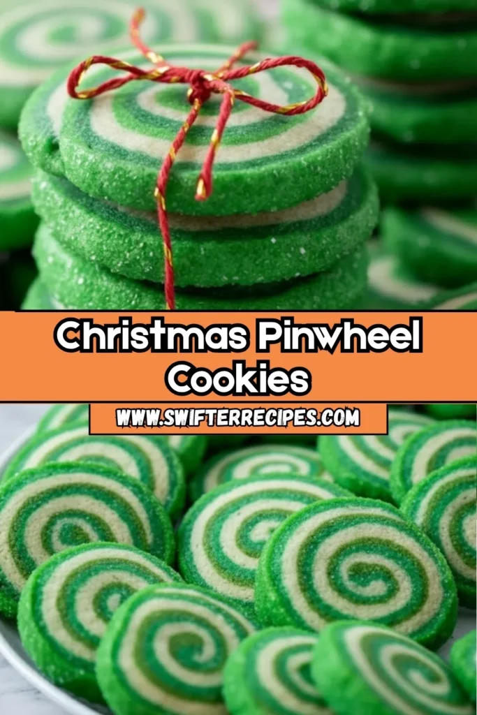 Stack and plate of green and white Christmas Pinwheel Cookies tied with red string and labeled with recipe site.