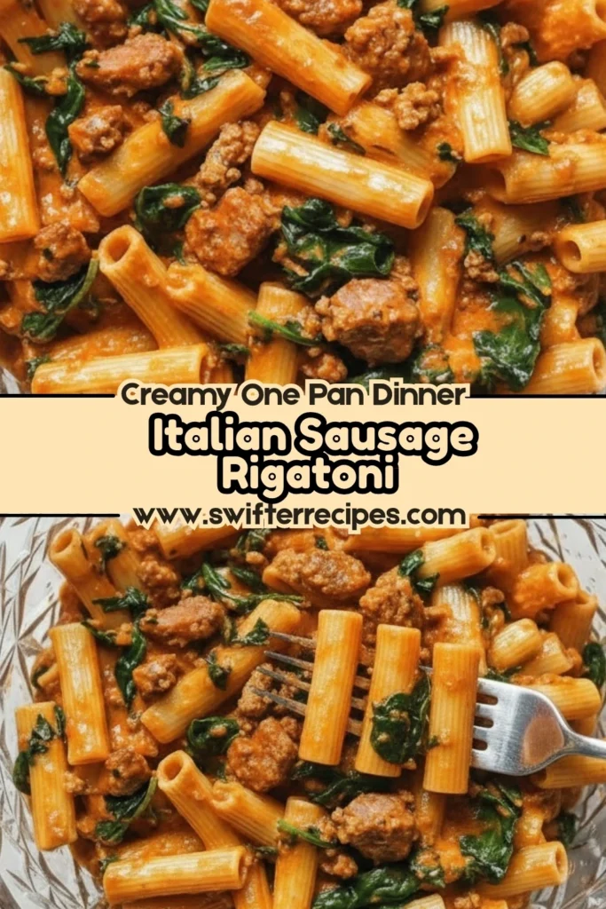 Creamy Italian sausage rigatoni pasta with spinach in tomato cream sauce served in a glass bowl — an easy one-pan dinner recipe from Swifter Recipes.