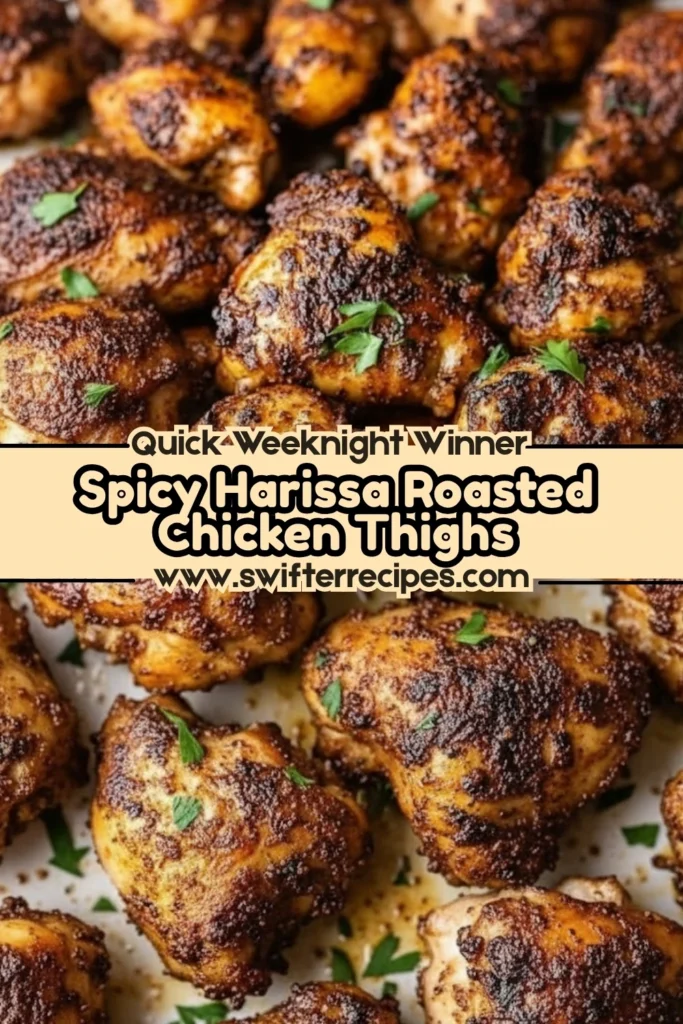 Spicy Harissa Roasted Chicken Thighs with crispy golden skin baked on a sheet pan and garnished with fresh herbs for a flavorful dinner.