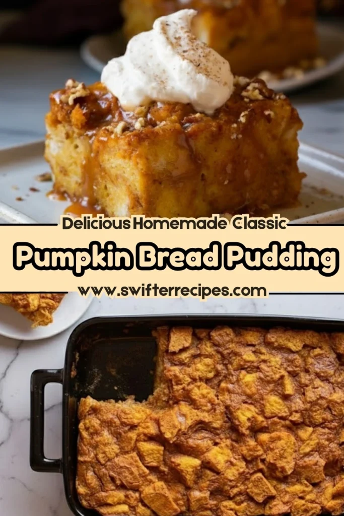 Delicious homemade pumpkin bread pudding topped with whipped cream and caramel sauce in a cozy kitchen setting