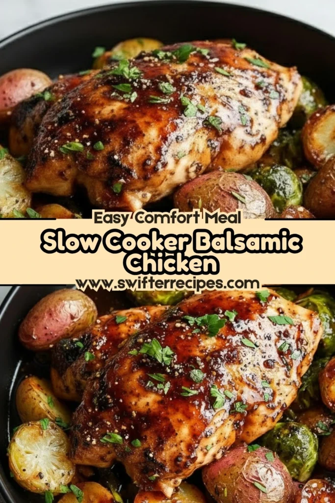 Slow Cooker Balsamic Chicken served with roasted red potatoes and Brussels sprouts in a glossy balsamic glaze for an easy comfort meal.