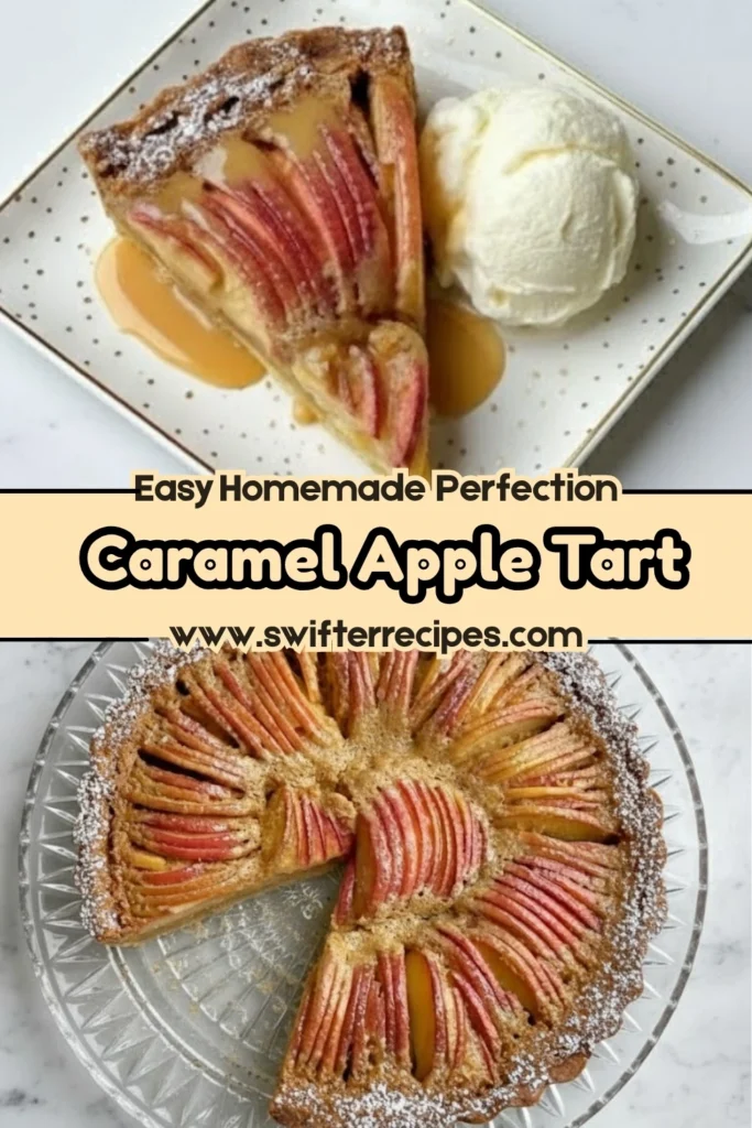 Caramel Apple Tart with a golden crust, sliced apples, and caramel drizzle served with vanilla ice cream on a white plate.