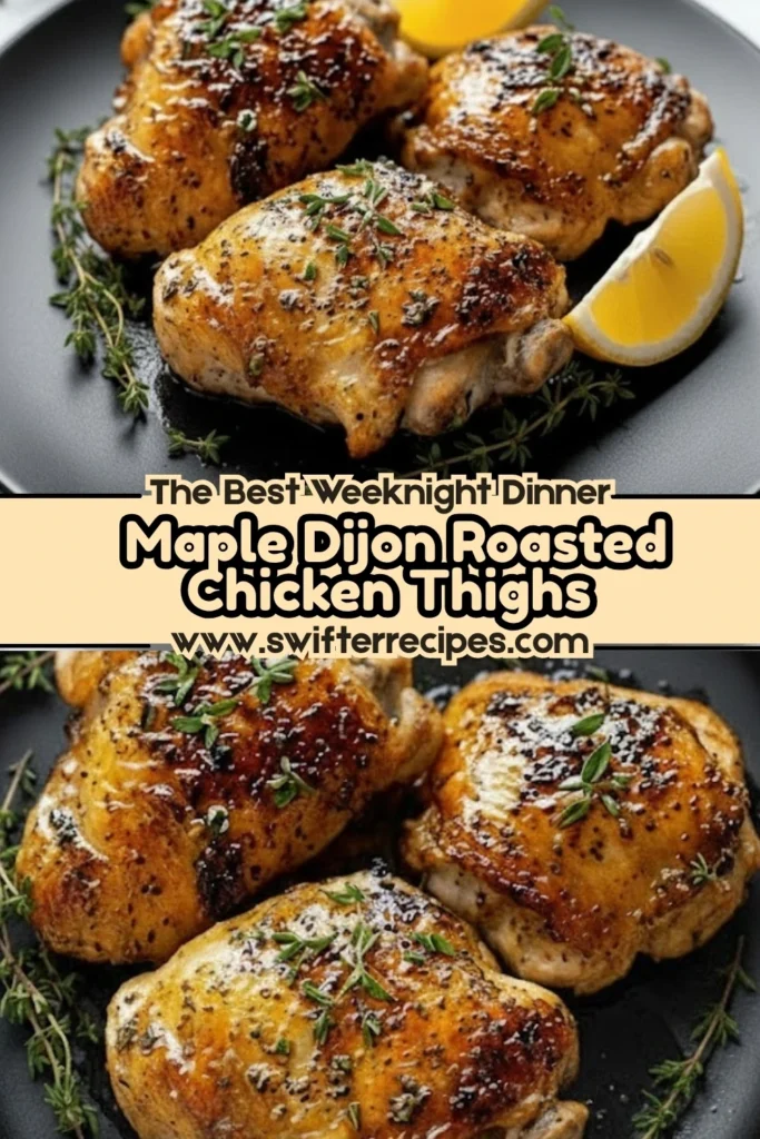 The Best Weeknight Dinner Maple Dijon Roasted Chicken Thighs with golden crispy skin, lemon wedges, and fresh herbs on a black plate.