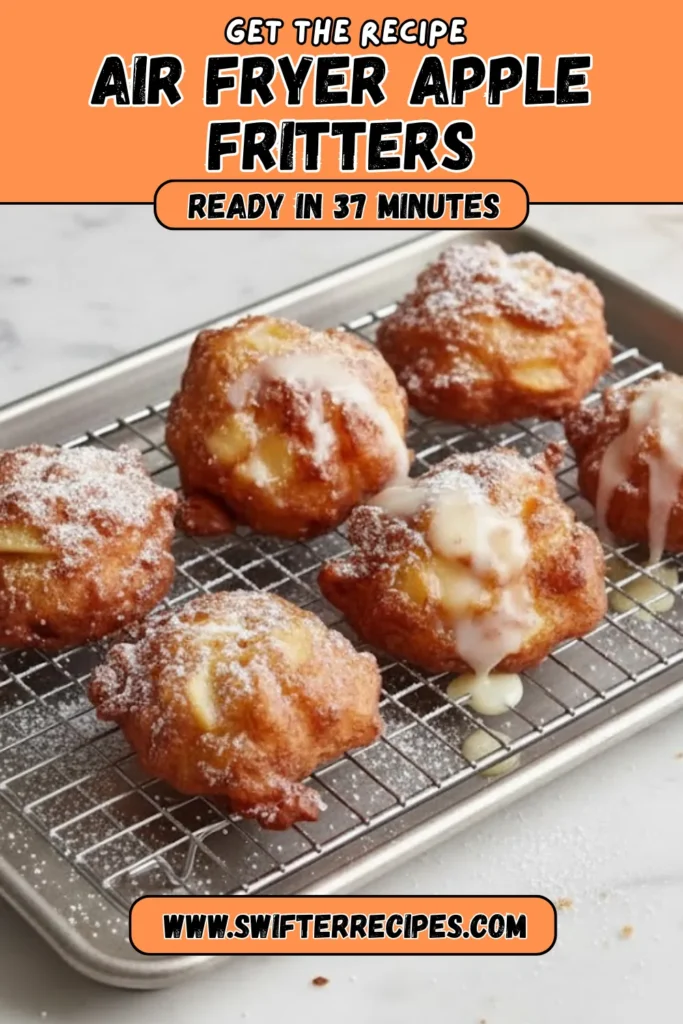 Homemade air fryer apple fritters on a wire rack, dusted with powdered sugar and drizzled with vanilla glaze, recipe ready in 37 minutes from SwifterRecipes.com.