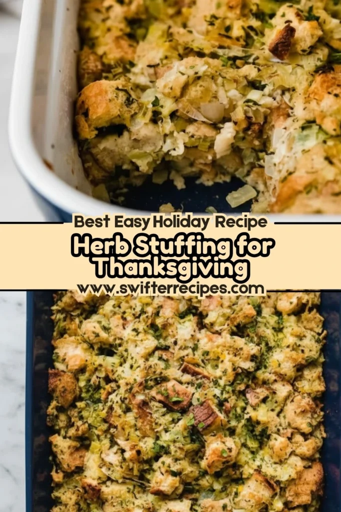 Best easy holiday recipe Herb Stuffing for Thanksgiving baked in a blue casserole dish with bread cubes, onions, celery, and fresh herbs.