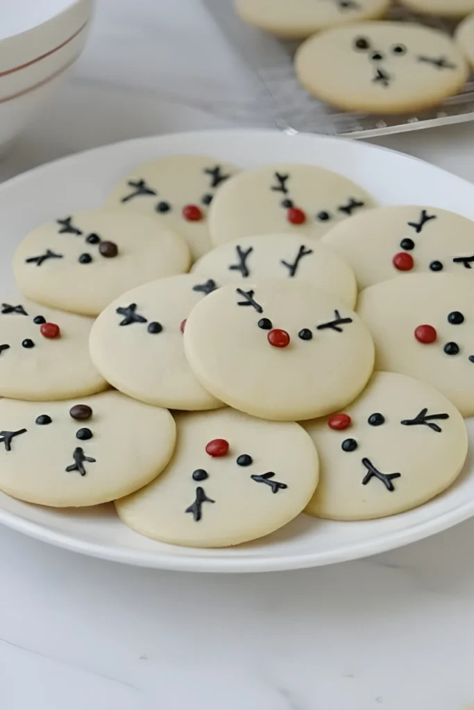 Plate of Rudolph the Red-Nosed Reindeer sugar cookies decorated with chocolate antlers, candy eyes, and red noses for Christmas